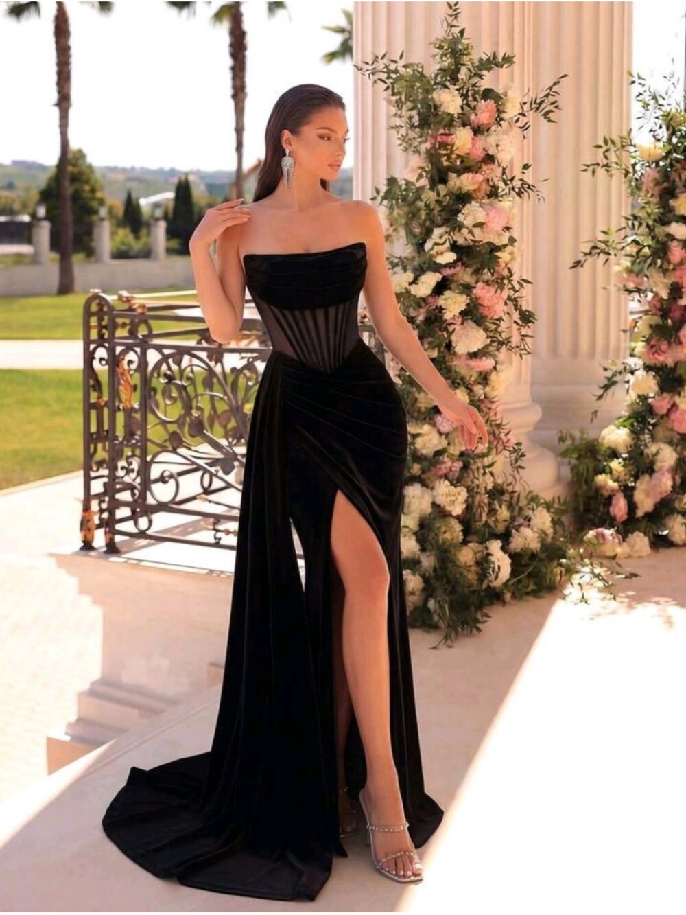 Strapless Black Evening Gown with Sheer Corset Detail
